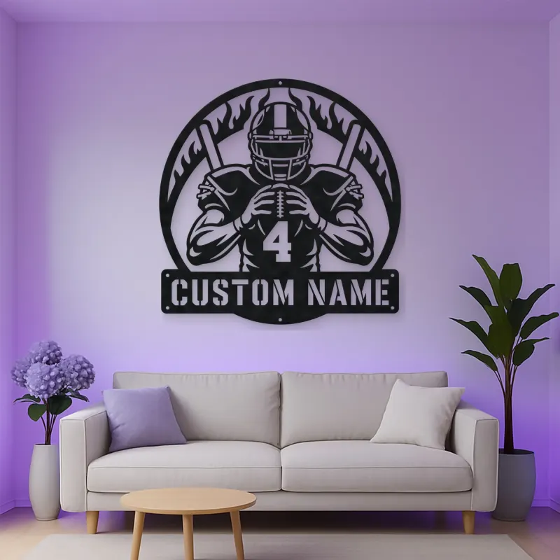Personalized Number 4 Football Player Flame Metal Wall Art