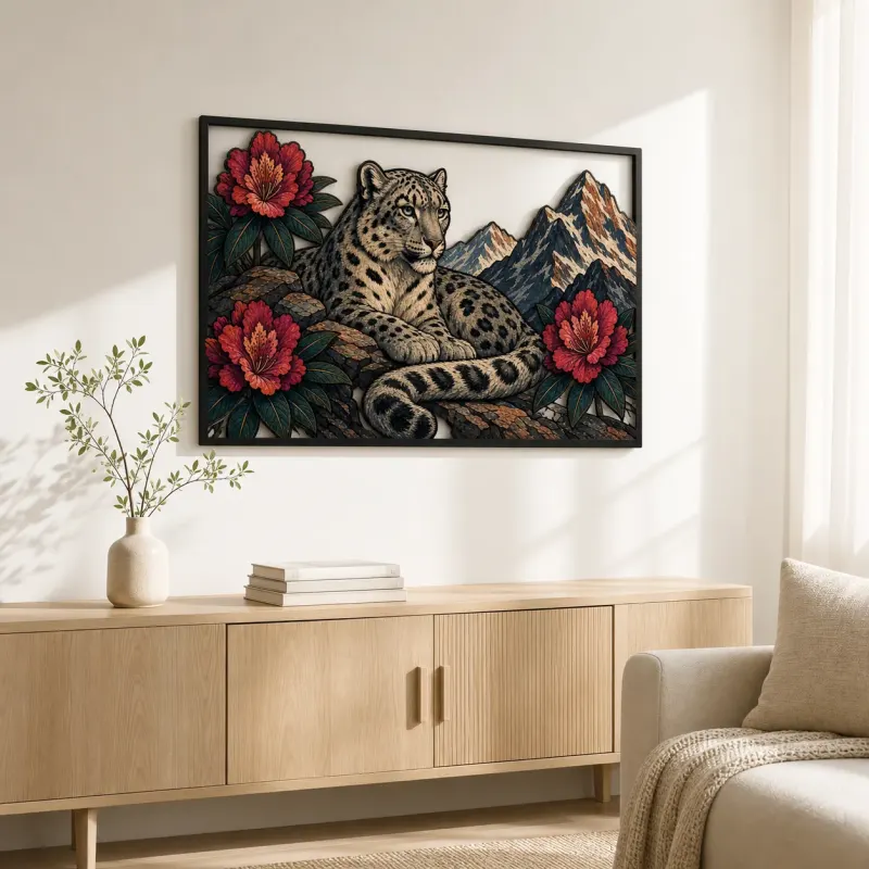 Snow Leopard with Peonies in Mountain Landscape Colorful Metal Wall Art