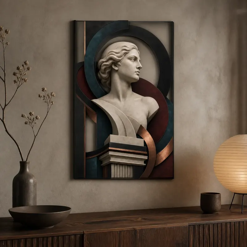Classical Marble Bust in Abstract Art Deco Frame Colorful Metal Wall Decor