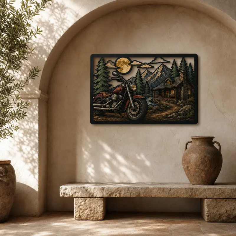 Cruiser Motorcycle outside Rustic Mountain Cabin Colorful Metal Wall Art