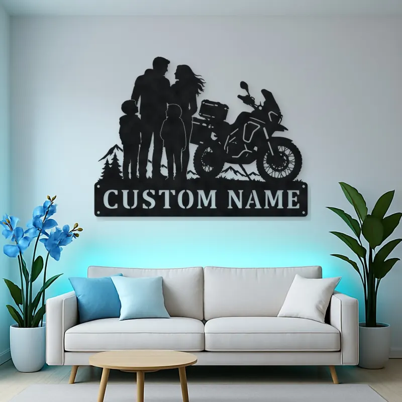 Personalized Adventure Motorcycle Mountain Family Metal Wall Art