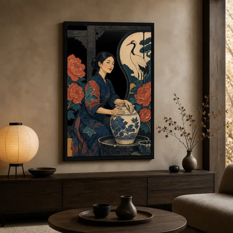 Japanese Potter with Crane Flowers and Moon Colorful Metal Wall Art