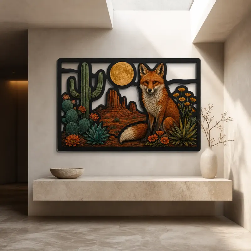 Red Fox among Cactus and Desert Wildflowers Colorful Metal Wall Art