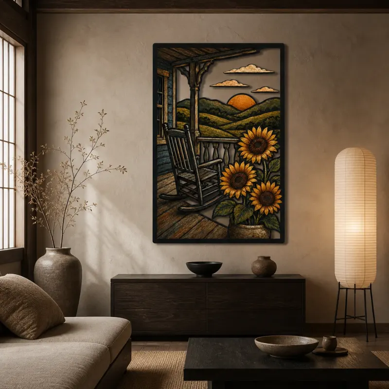 Farmhouse Porch Rocking Chair with Sunflowers Colorful Metal Wall Art
