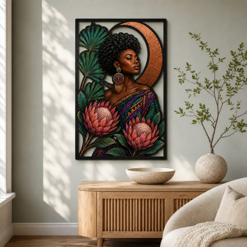 Colorful Afro Woman Metal Wall Art with Protea Flowers and Crescent Moon