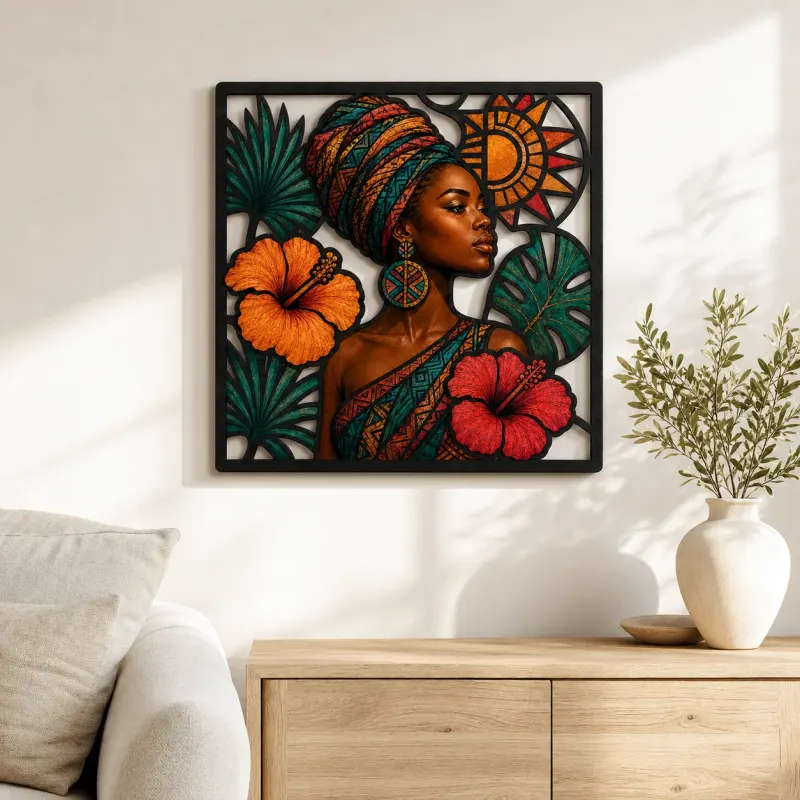 Afro Woman in Headwrap with Tropical Hibiscus Colorful Metal Wall Art
