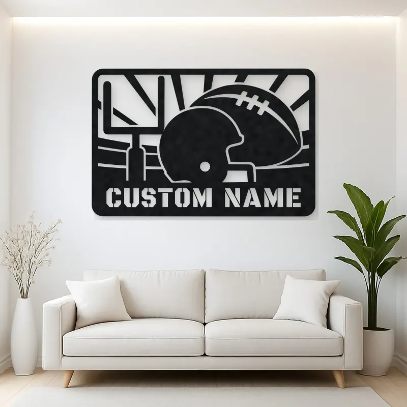 Personalized Football Helmet Metal Wall Art with Goalposts