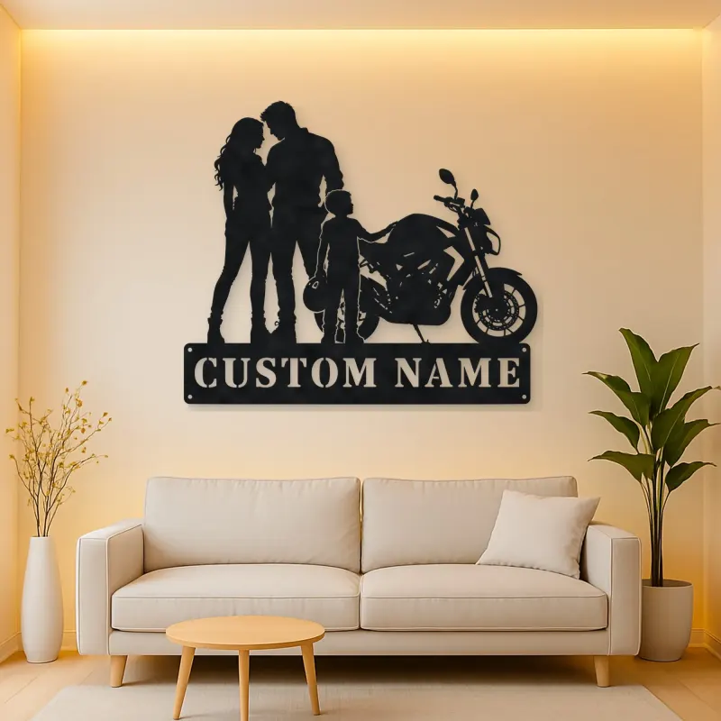 Personalized Motorcycle Family with Helmet Carrying Child Metal Wall Art