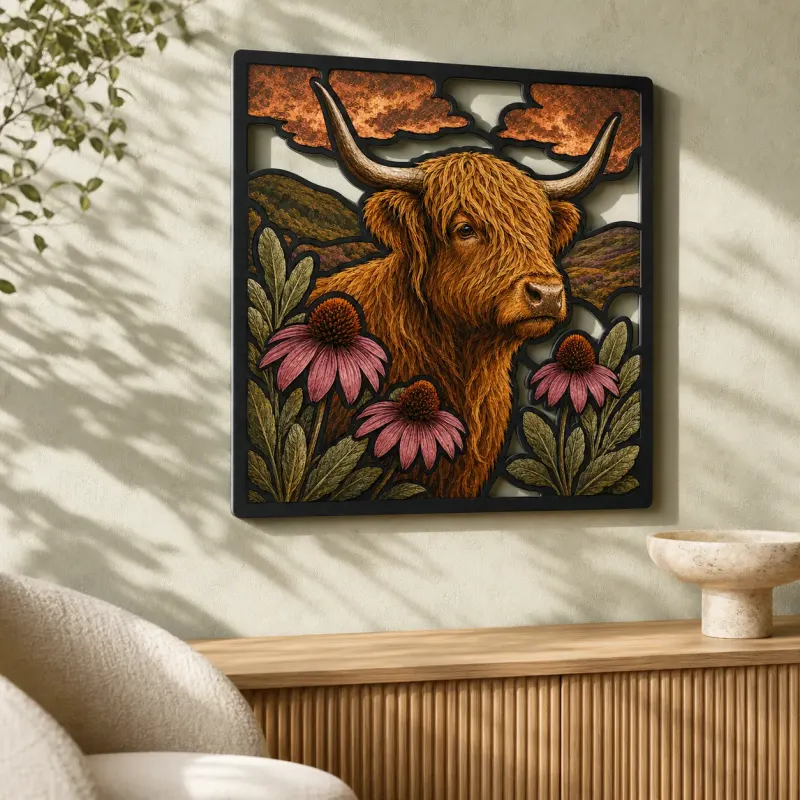 Highland Cow with Pink Coneflowers and Rolling Hills Colorful Metal Wall Art
