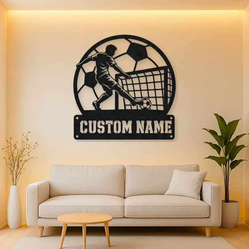 Personalized Soccer Player Metal Wall Art with Goal Scene