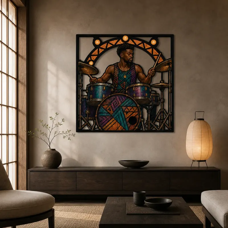 Black Drummer Performing in Colorful Art Deco Style Metal Wall Decor