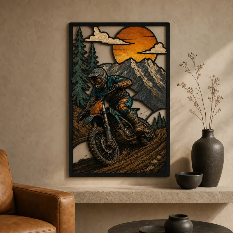 Motocross Rider Climbing a Forest Trail Colorful Metal Wall Art