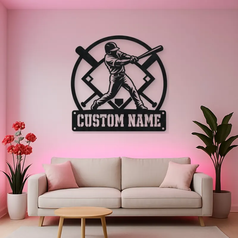 Personalized Baseball Batter Metal Wall Art with Crossed Bats