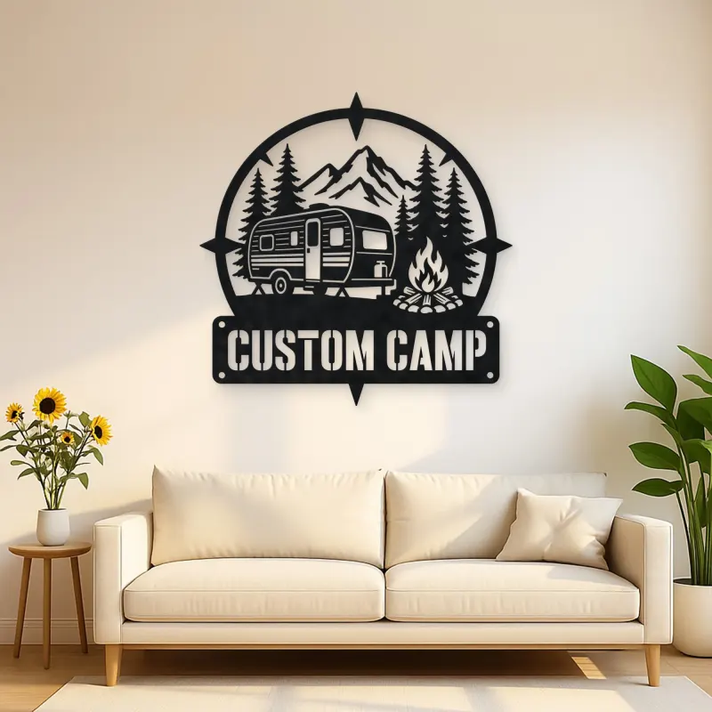 Personalized Travel Trailer Metal Wall Art with Campfire Scene