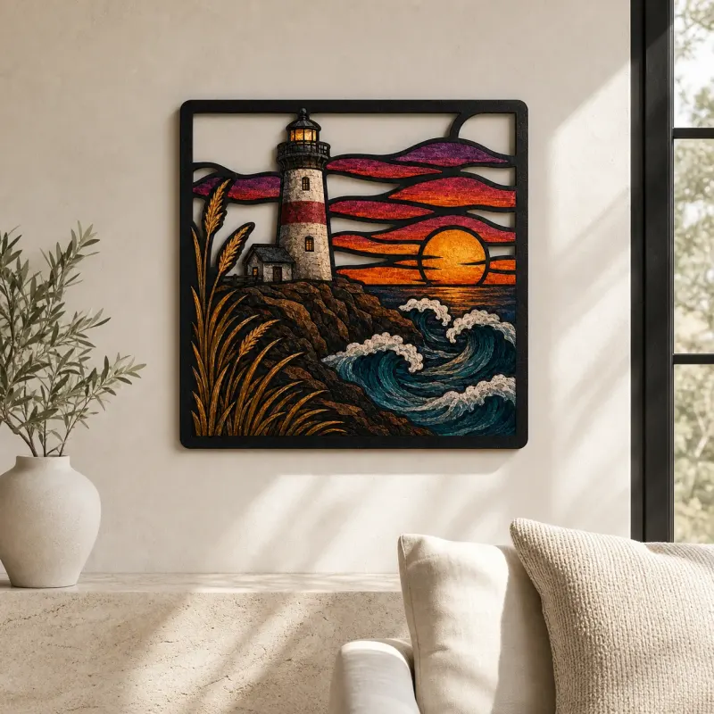 Coastal Lighthouse with Waves at Colorful Sunset Metal Wall Art