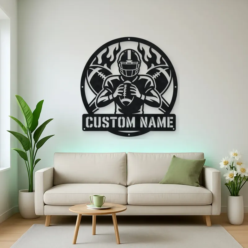 Personalized Football Player Crossed Balls Flame Metal Wall Art