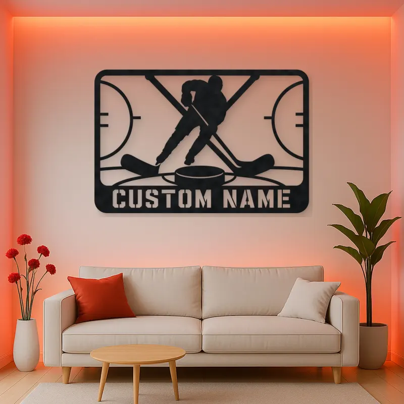 Personalized Ice Hockey Metal Wall Art with Crossed Sticks