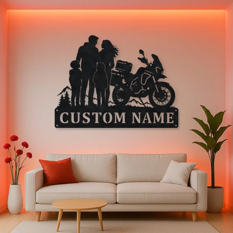 Personalized Adventure Motorcycle Mountain Family Metal Wall Art