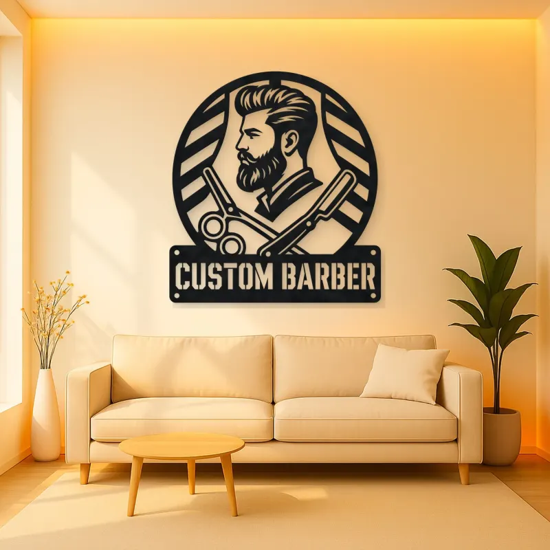 Personalized Barber Metal Wall Art with Scissors and Razor