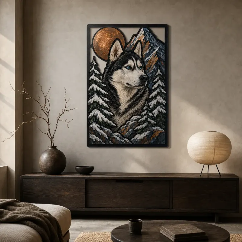 Siberian Husky in Snowy Mountains beneath Moon Colorful Metal Wall Art