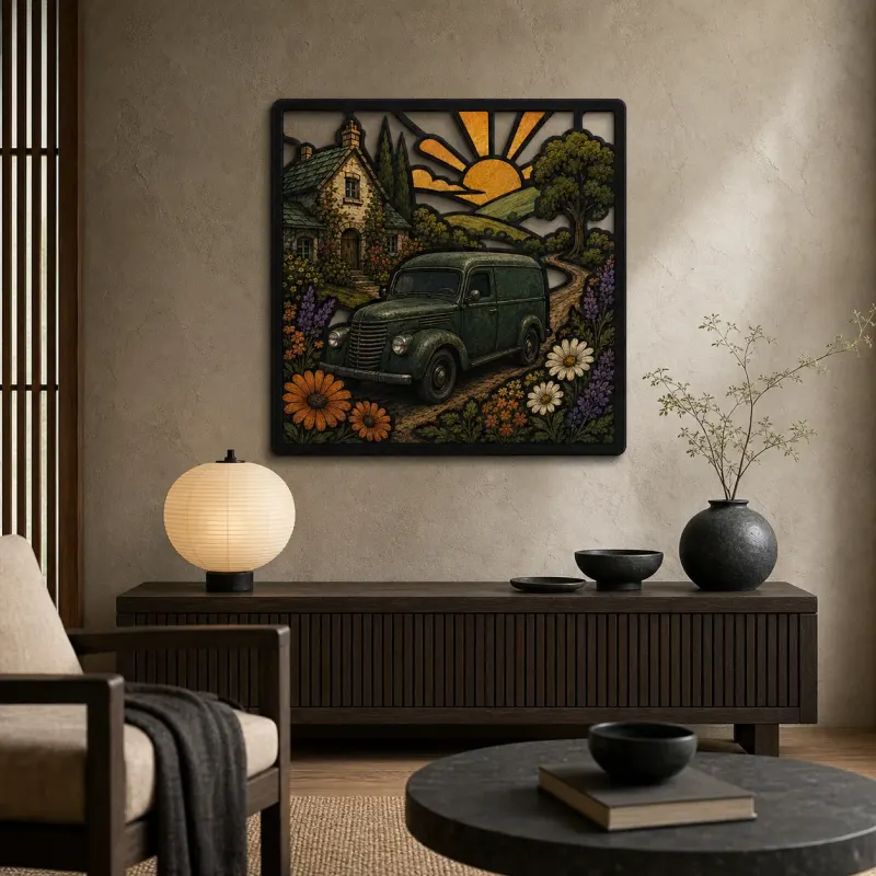 Classic Panel Van outside Flowered Cottage Colorful Metal Wall Art
