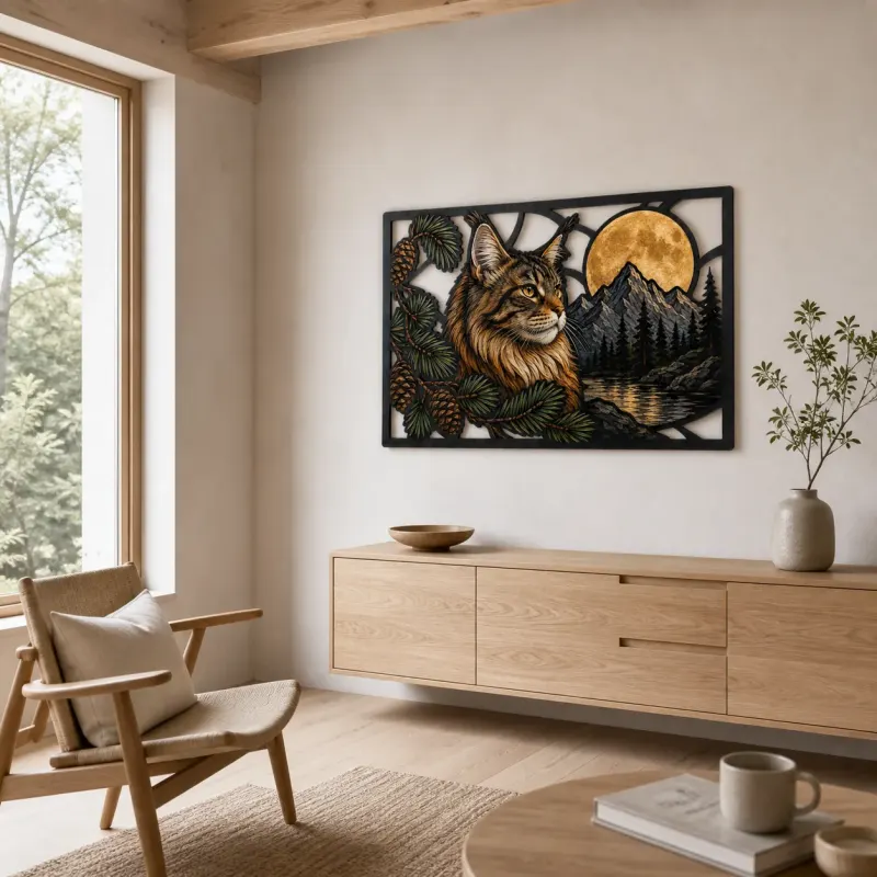 Maine Coon Cat in Mountains beneath Full Moon Colorful Metal Wall Art