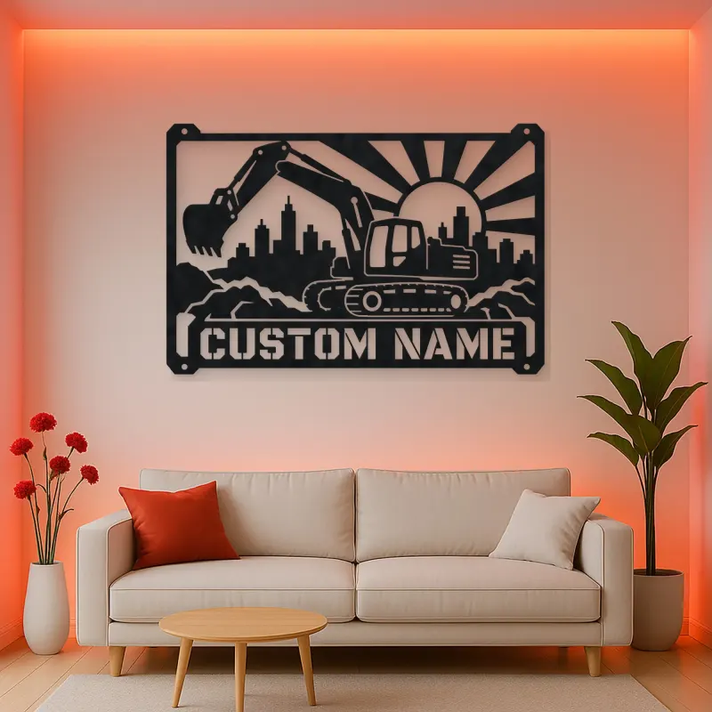 Personalized Excavator Metal Wall Art with Construction Skyline
