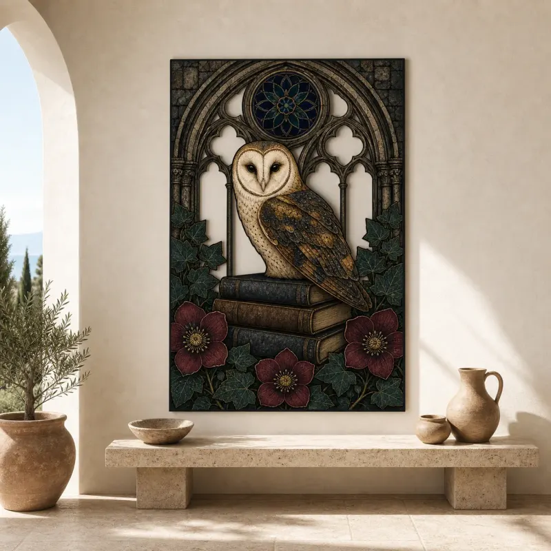 Barn Owl on Books in Gothic Window Colorful Metal Wall Art
