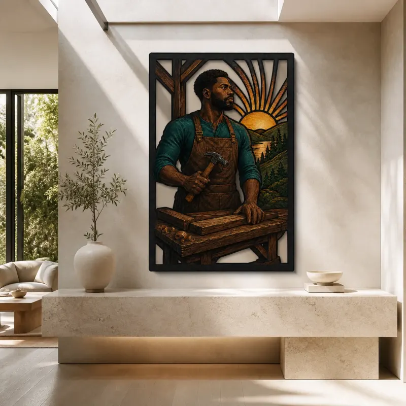 Carpenter with Hand Tools at Wooden Workbench Colorful Metal Wall Art