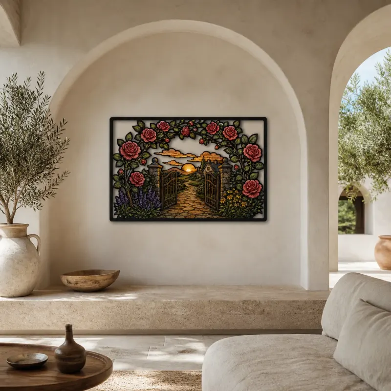 Rose Garden Gate Leading to Country Cottage Colorful Metal Wall Art