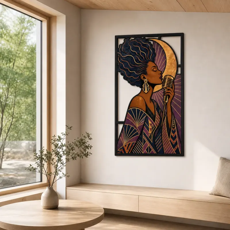 Afro Jazz Singer with Vintage Microphone and Copper Moon Colorful Metal Wall Art