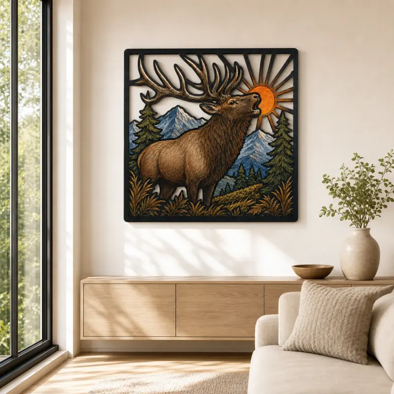 Bull Elk in Mountains beneath Radiant Sun Colorful Metal Wall Art