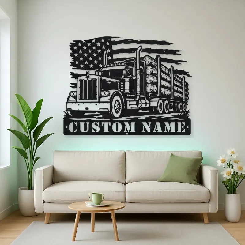Personalized Logging Semi Truck Metal Wall Art with American Flag