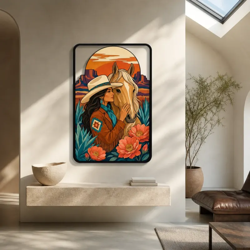 Cowgirl with Horse Protea Flowers and Desert Sunset Colorful Metal Wall Art