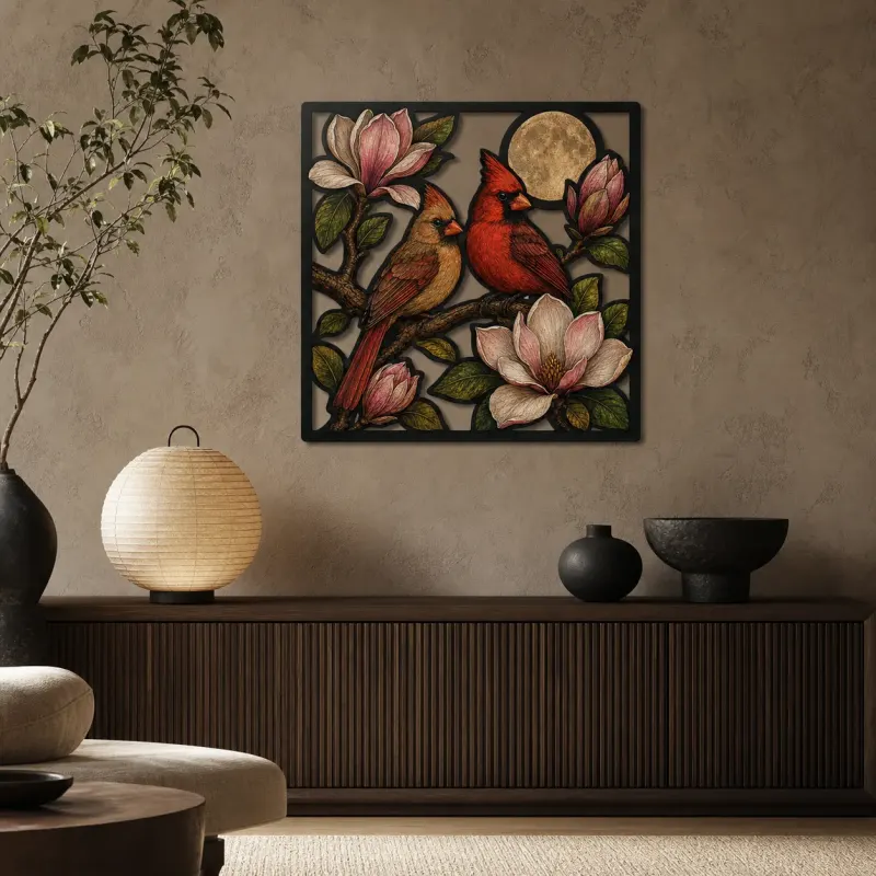 Cardinal Pair among Magnolia Blossoms and Full Moon Colorful Metal Wall Art