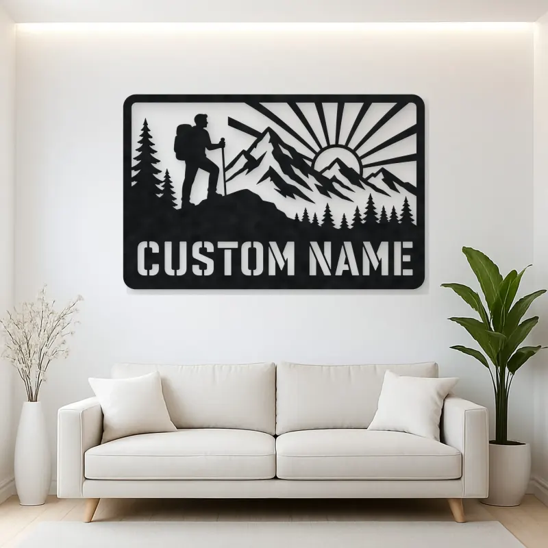 Personalized Mountain Hiker Metal Wall Art with Sunrise