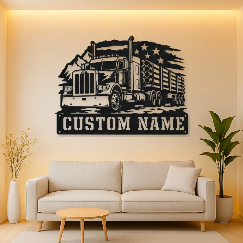 Personalized Logging Semi Truck Patriotic Mountain Metal Wall Art