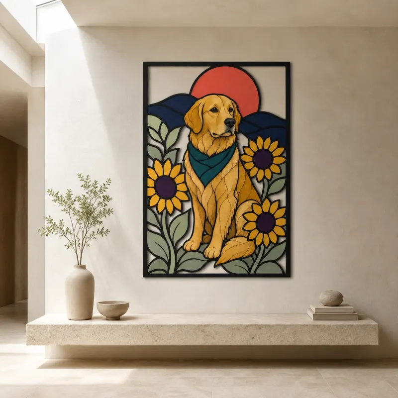 Golden Retriever with Sunflowers and Red Sun Colorful Metal Wall Art