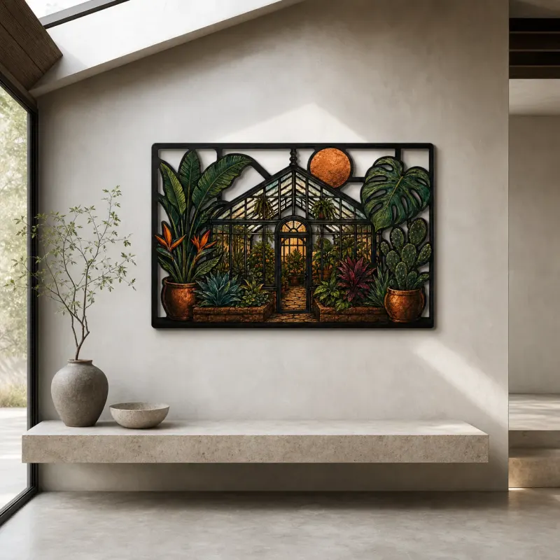 Tropical Greenhouse with Monstera and Bird of Paradise Colorful Metal Wall Art