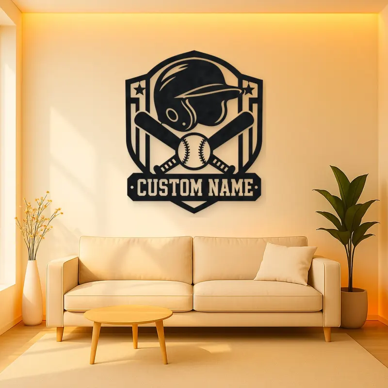 Personalized Baseball Helmet Crossed Bats Shield Metal Wall Art