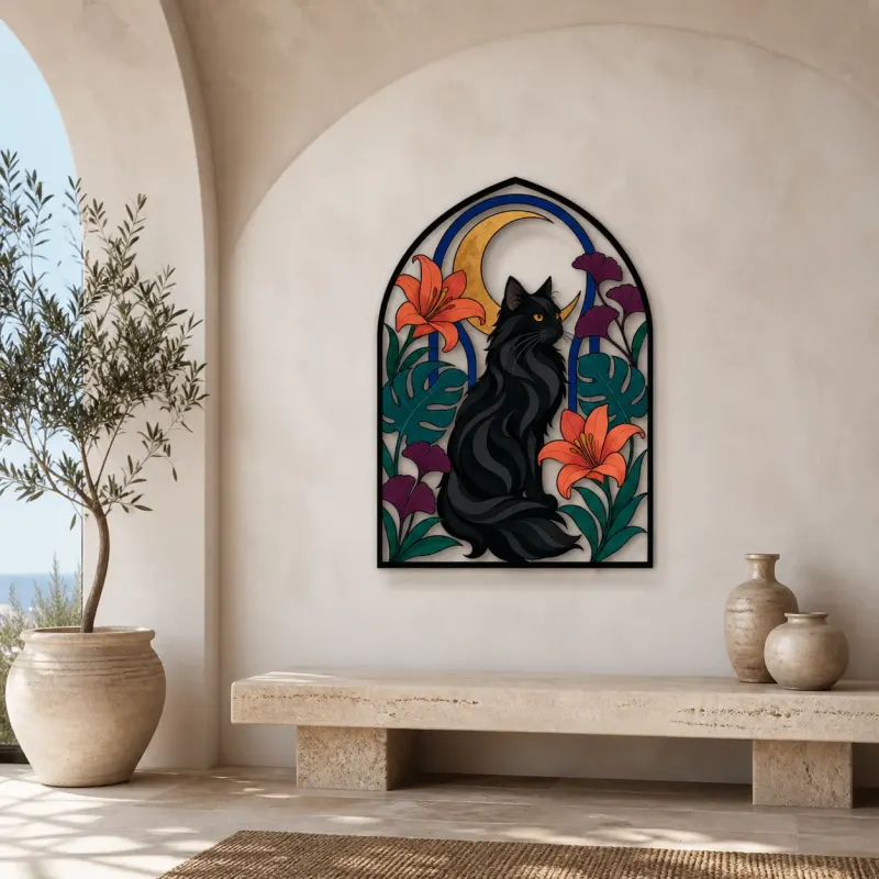 Black Cat with Tropical Flowers and Crescent Moon Colorful Metal Wall Art