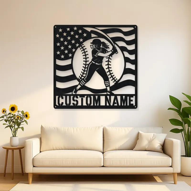 Personalized Female Softball Follow Through Flag Metal Wall Art
