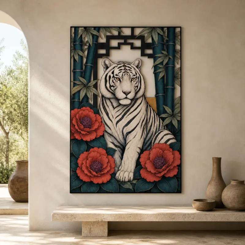 White Tiger with Bamboo and Pink Peonies Colorful Metal Wall Art