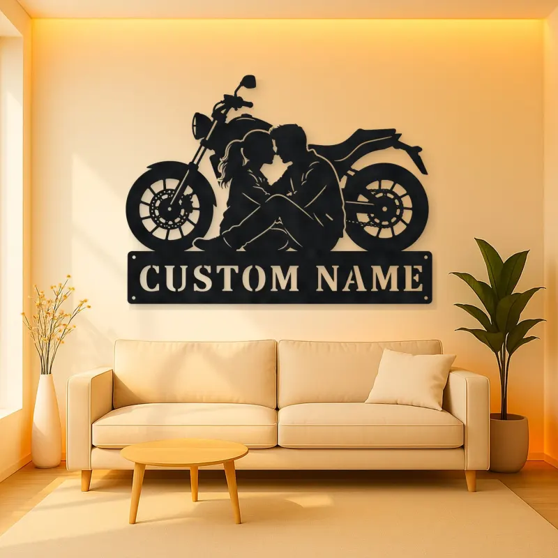 Personalized Seated Couple and Motorcycle Metal Wall Art