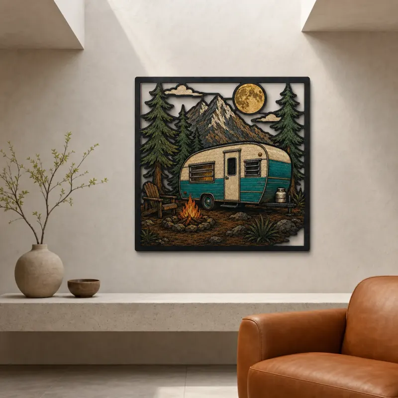 Retro Camper Trailer at Mountain Campfire Colorful Metal Wall Art