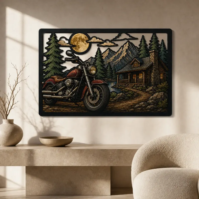 Cruiser Motorcycle outside Rustic Mountain Cabin Colorful Metal Wall Art