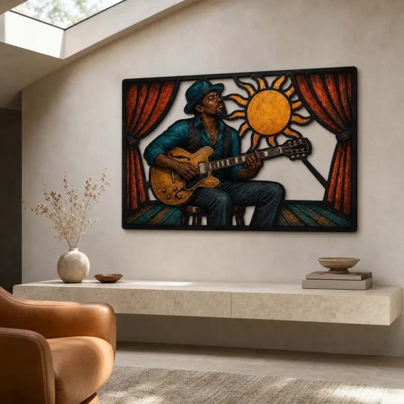 Blues Guitarist Performing beneath Radiant Sun Colorful Metal Wall Art