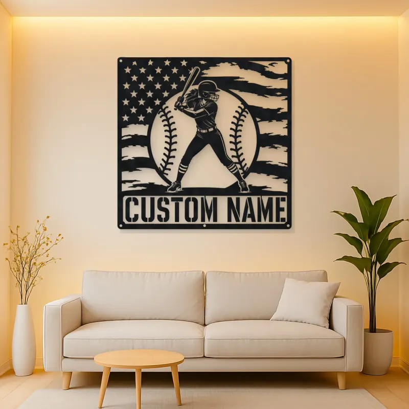 Personalized Female Softball Batter American Flag Metal Wall Art