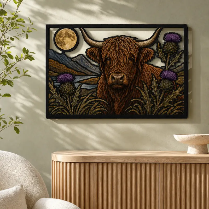 Highland Cow with Scottish Thistles and Full Moon Colorful Metal Wall Art