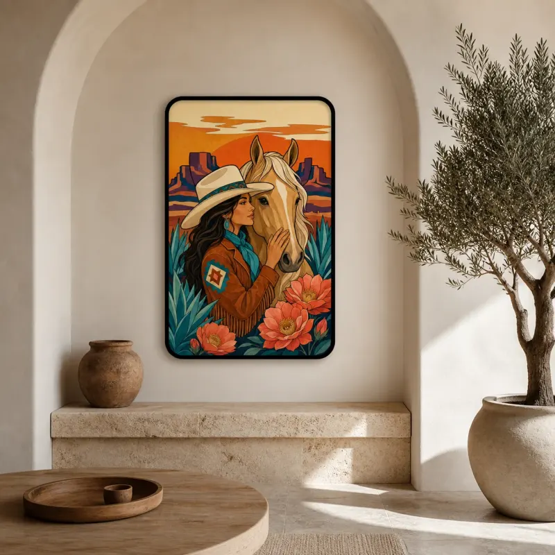 Cowgirl with Horse Protea Flowers and Desert Sunset Colorful Metal Wall Art